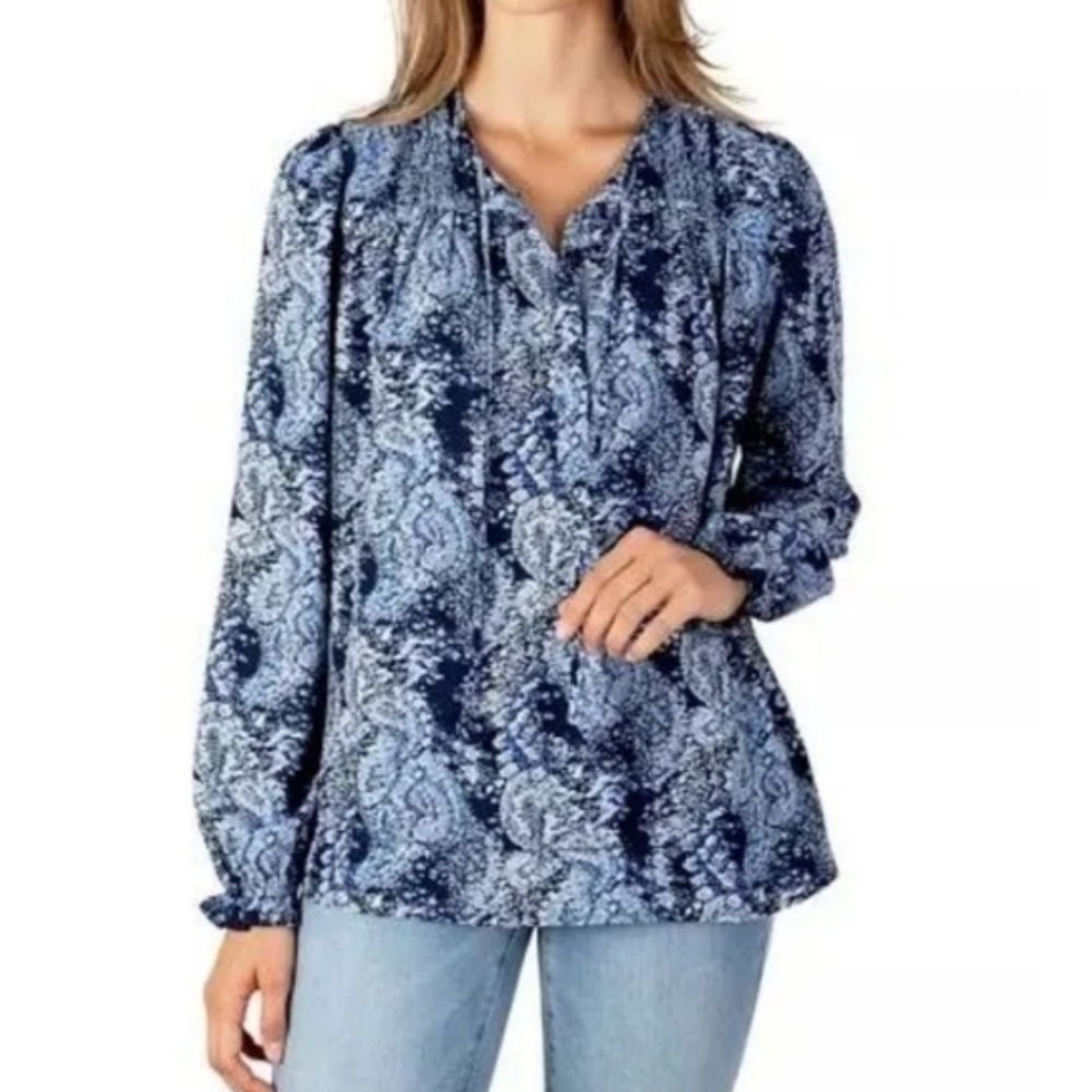 Joie Blue Parisian Paisley Print Long Sleeve Peasant Top